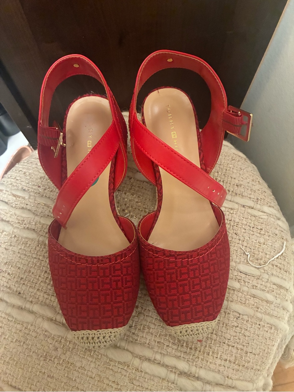 Tommy Hilfiger Red Textured Espadrille Slingback Wedges